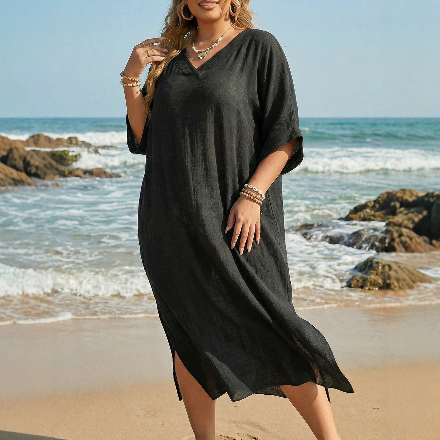 Beach Cover-Up Plus Size Women's Summer V-Neck Loose Casual Dress Split Floor-Length Beach Dress