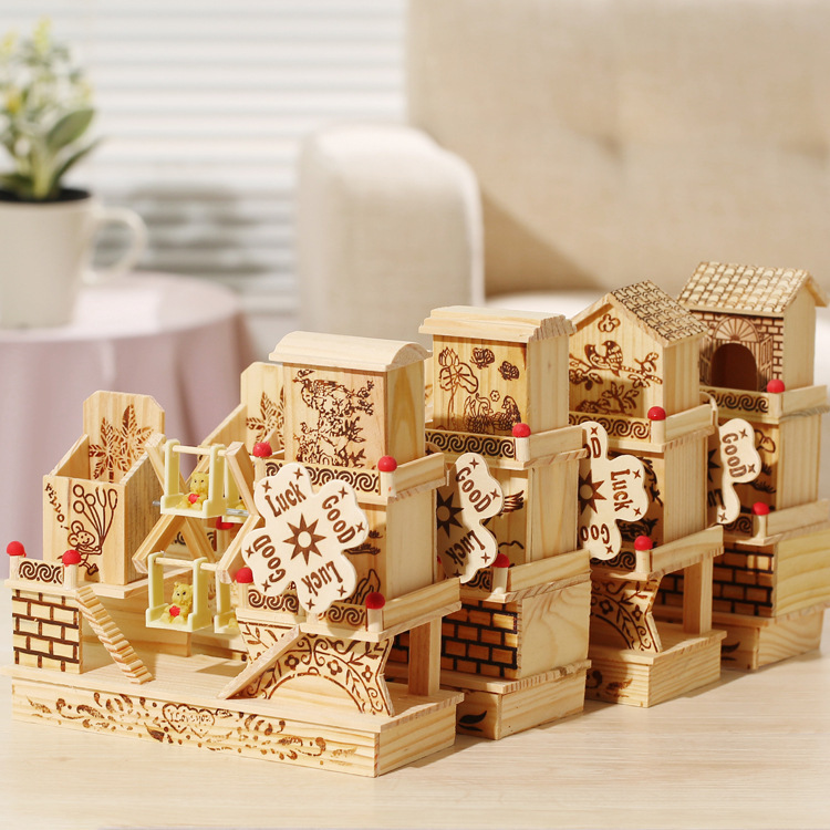 M1512 Wooden House Windmill Sailboat Rotating Music Box 60-273 Wooden Pen Holder Student Birthday Gift