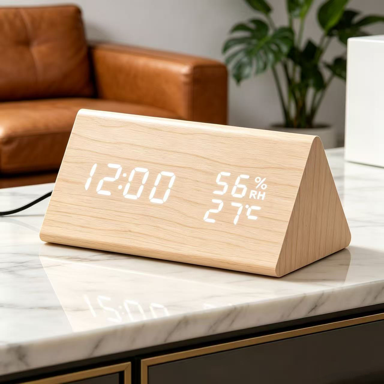 Wooden temperature and humidity clock, digital electronic alarm clock, smart LED temperature digital clock, desktop alarm clock