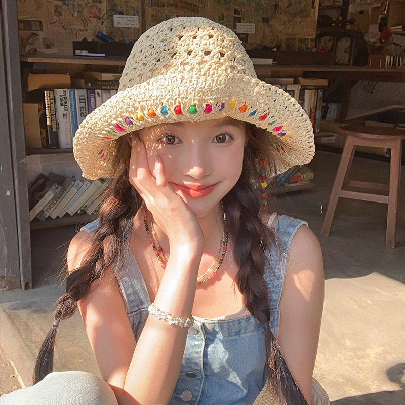 Colorful Beaded Straw Fisherman Hat, Summer Beach Vacation Sun Protection Straw Hat, Foldable Hat