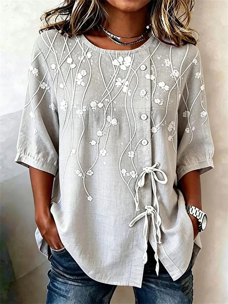 2026 New Summer Women's Top Printed Casual Short Sleeve Drawstring Bow Blouse