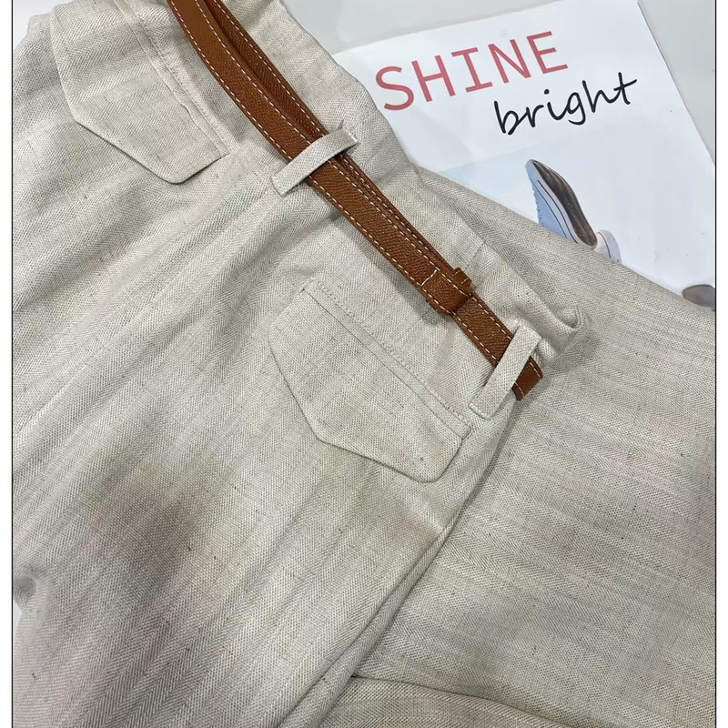 Double C 2026 Summer New Linen Wide-Leg Pants High-Waist Straight Pants with Belt Casual Pants