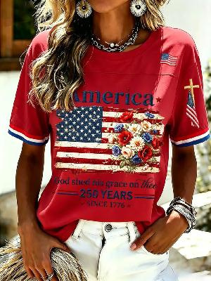 2026 independent station summer new US 250th anniversary flag print T-shirt women