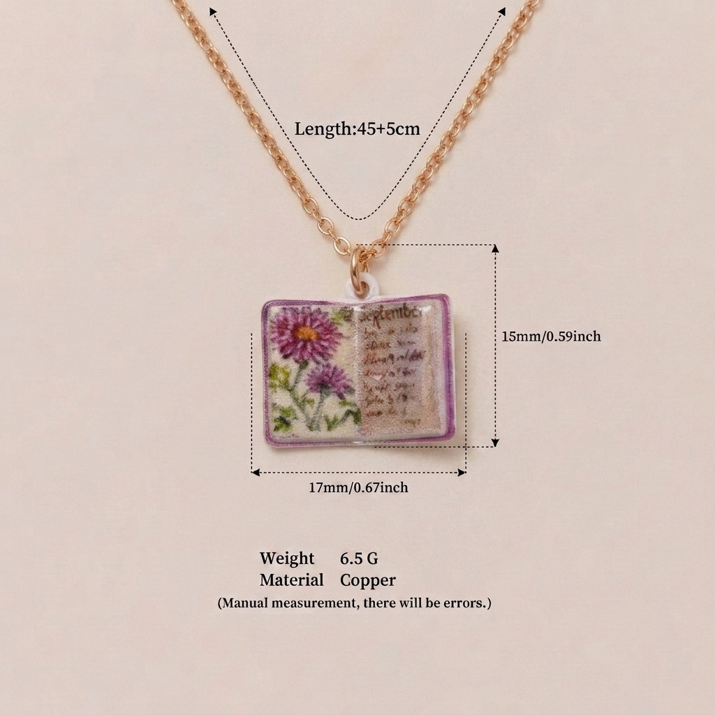 New December imitation porcelain book necklace, exquisite and compact copper-plated
