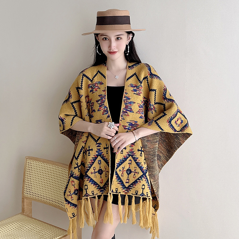 2023 Autumn Winter New Ethnic Style Tassel Shawl Cape Cape Outer Wear Jacquard Loose Knitted Cardigan Coat Women