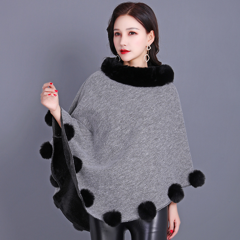 Brown Women's Coat Shawl Scarf Imitation Rabbit Fur Mid-Length Sleeveless Adult Pom Pom Winter Warm Shoulder Cape
