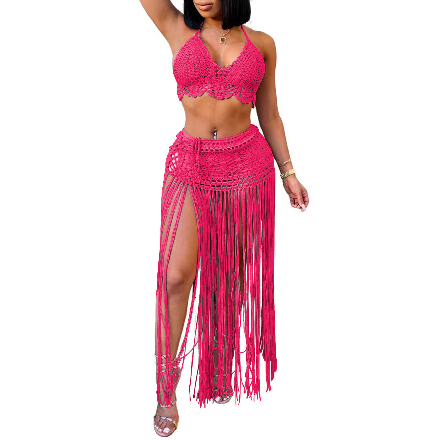 Women's Set Hand-Crocheted Beach Bikini Top Plus Long Tassel Skirt Two-Piece Set