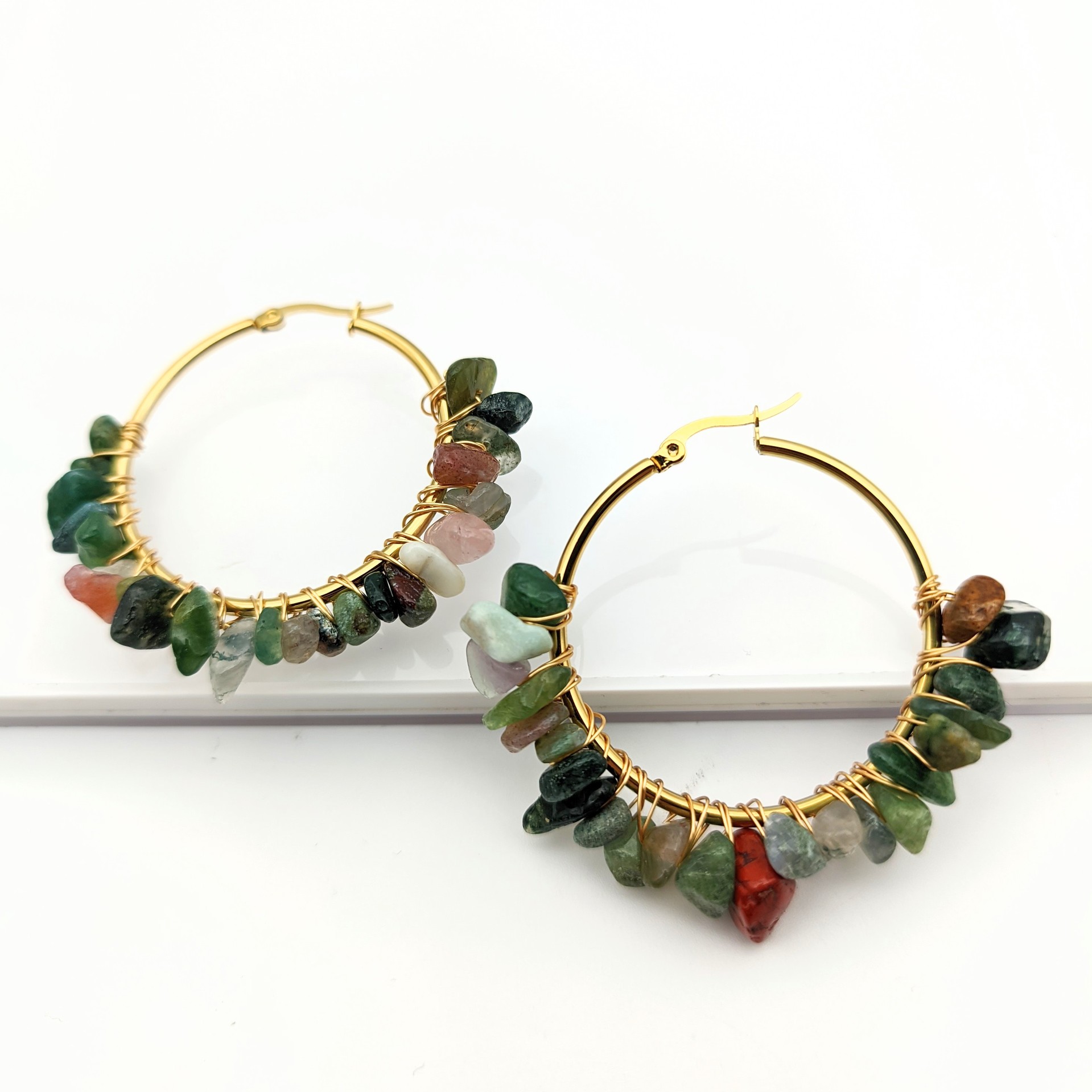 Large Circle Natural Crystal Raw Stone Earrings Hand-wrapped Green Donglin Stone Women's Commute Stainless Steel Earrings