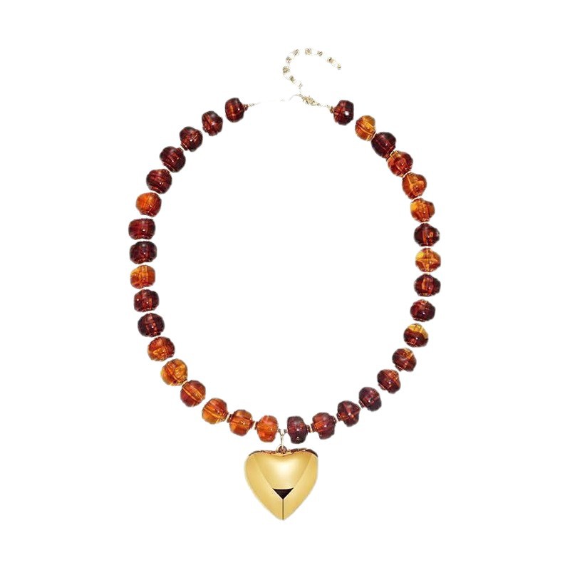 New Exaggerated Style Large Heart Glass Pendant Crystal Contrast Color Bead Bracelet Acrylic Bead Necklace