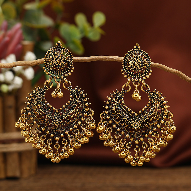Bohemian ethnic style earrings for women hollow heart ear studs long bell Indian accessory