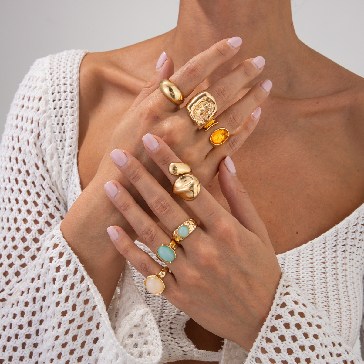 Jewelry sense inlaid acrylic ring irregular alloy ring new product