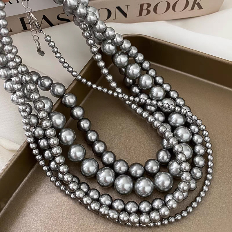 Swarovski Multi-Ma Silver-Gray Pearl Necklace for Women, Clavicle Chain, Layered Hoodie Chain, Women's Clavicle Chain