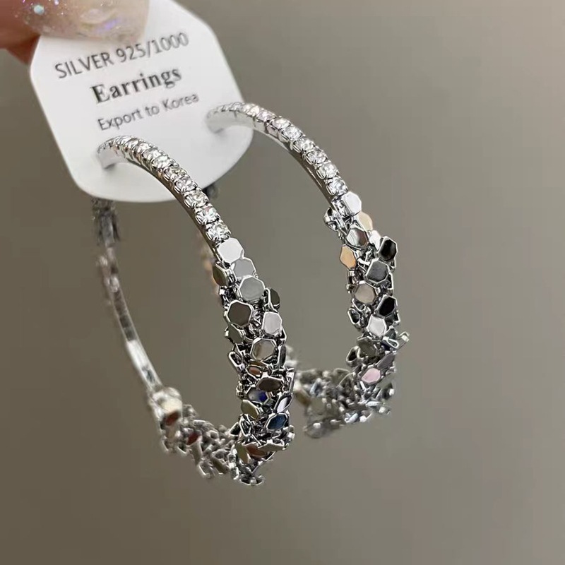 Super Shiny Silver Rhinestone Large Hoop Earrings for Women Exaggerated Ear Accessories