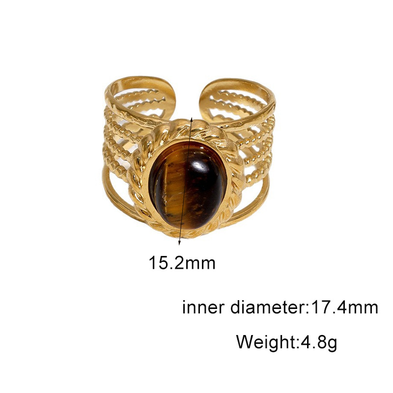 Titanium steel open ring 18k gold stainless steel tiger eye stone hand jewelry