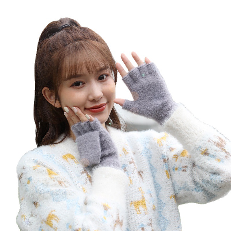 Imitation Mink Fur Gloves Women Autumn Winter New Warm Anti-Cold Fleece-Lined Thickened Outdoor Flip-Top Magic Gloves