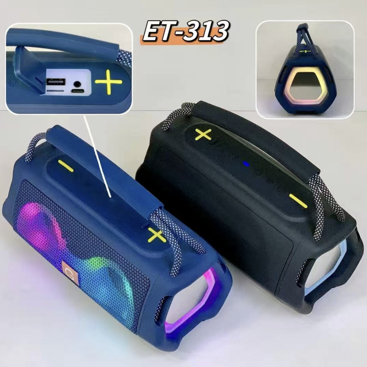New ET-313 Portable Bluetooth Speaker with Colorful Lights Outdoor Dual Speaker Plug-in Card Bass