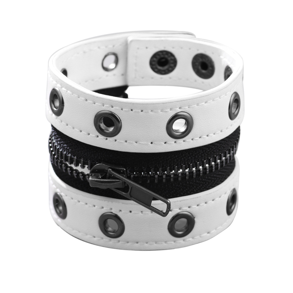 New Rivet Chain Punk Accessories Cowhide Bracelet Women Round Hole Center Zipper Wide Leather Wristband