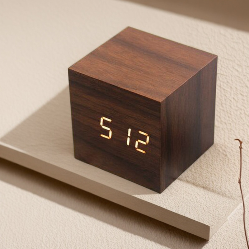 Mini small square wooden clock, LED electronic alarm clock, silent voice-activated multi-functional clock, gift logo decoration