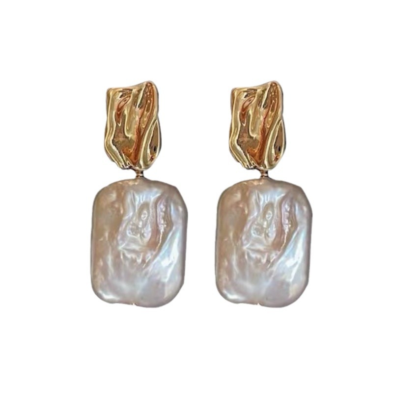 Natural Freshwater Pearl Square Earrings Silver Needle Women Simple Irregular Baroque Pearl Earrings Summer