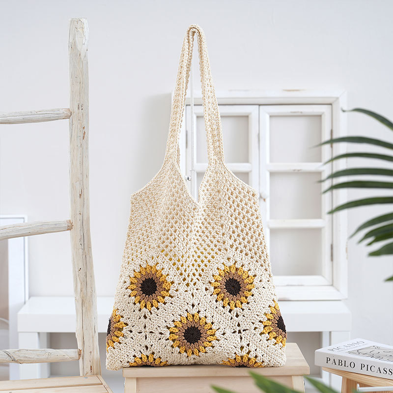 Summer Fresh Cotton Lace Hollow Out Crochet Bag Sunflower Shoulder Bag Commute Beach Vacation Women's Bag