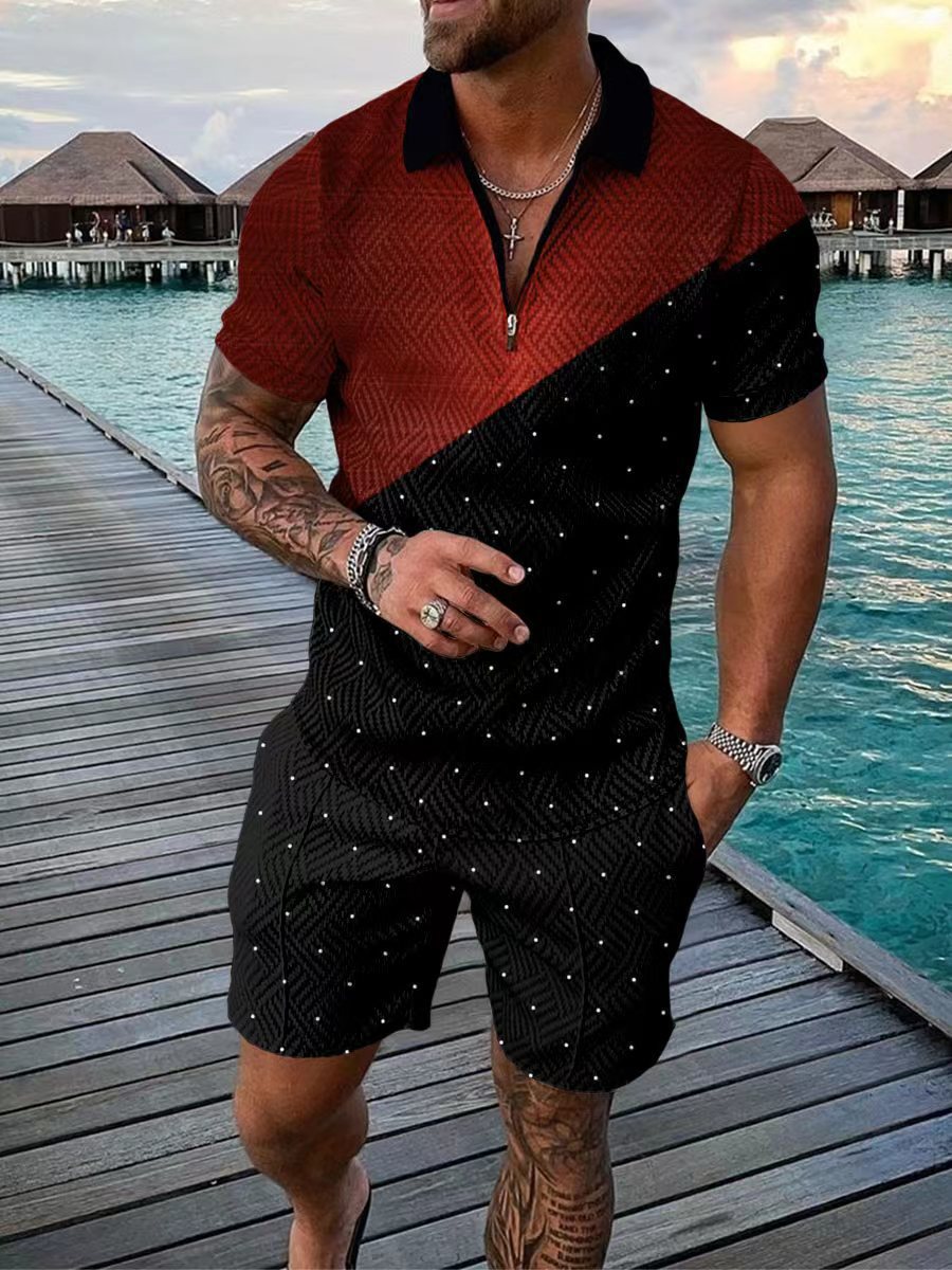 2026 New Men's Casual Sports Suit Summer Short Sleeve Polo Shirt Shorts Two Piece Set Color Block Print
