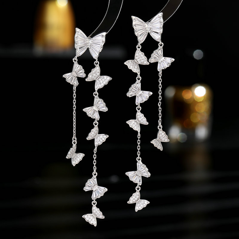 s925 Silver Needle Super Fairy Zircon Inlaid Face-Shaping Earrings Long Tassel Flying Butterfly Earrings