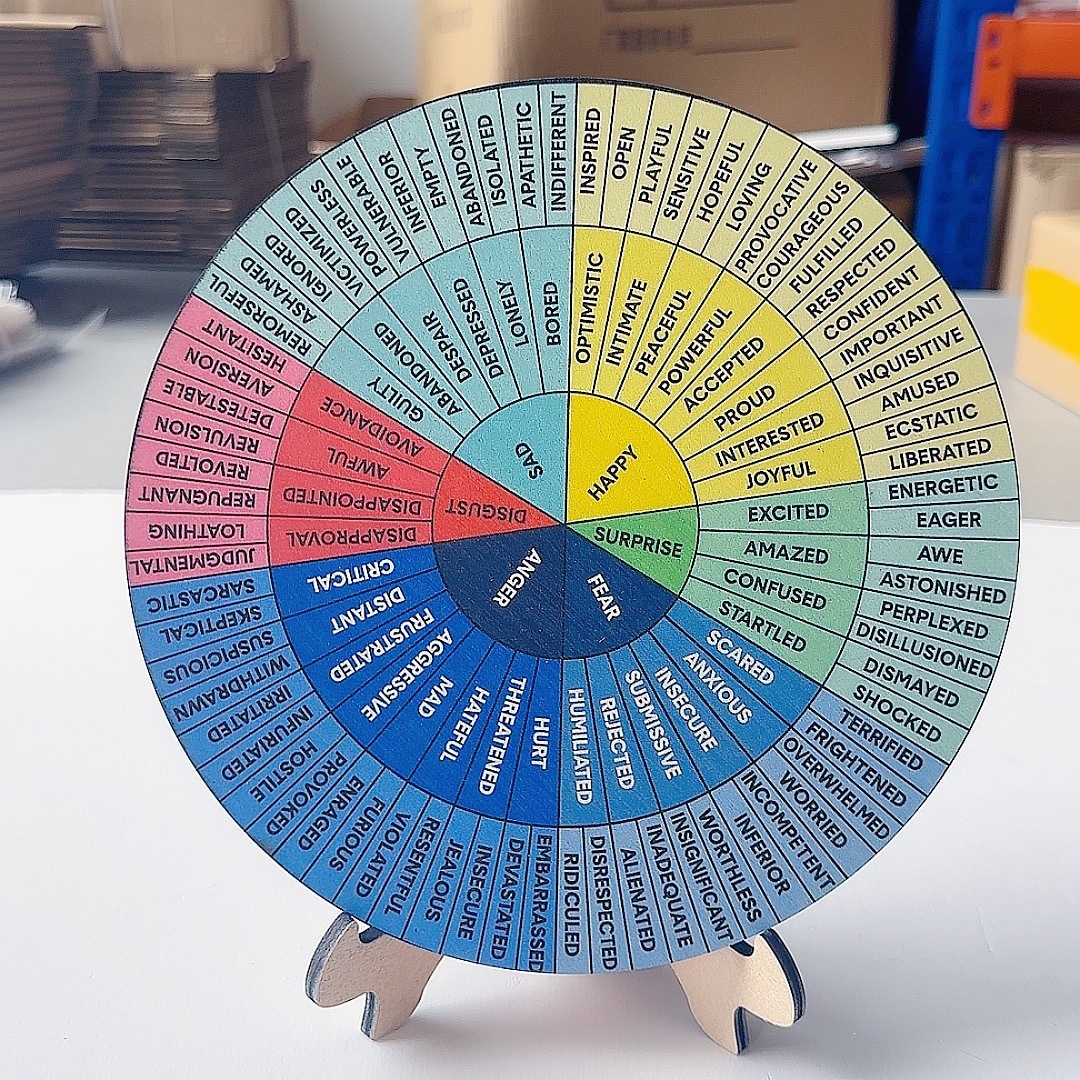 Wooden Round Disc Double-sided Mental Health Emotion Chart with Stand Suitable for Home Office Women Men