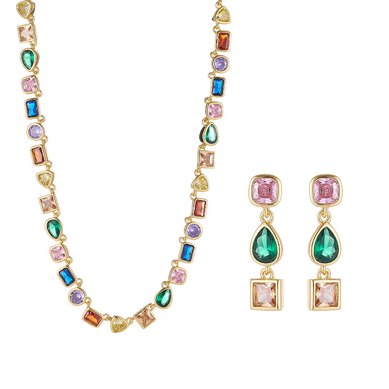 Wind earring necklace women's simple inlaid colored zircon irregular geometric necklace set