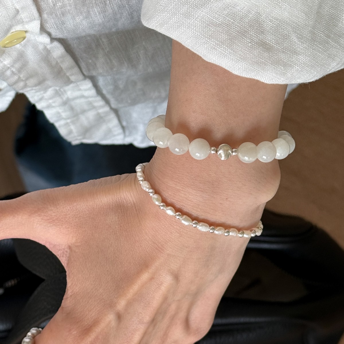 Natural white moonstone all S925 sterling silver simple cool minimalist cat eye bead bracelet for women