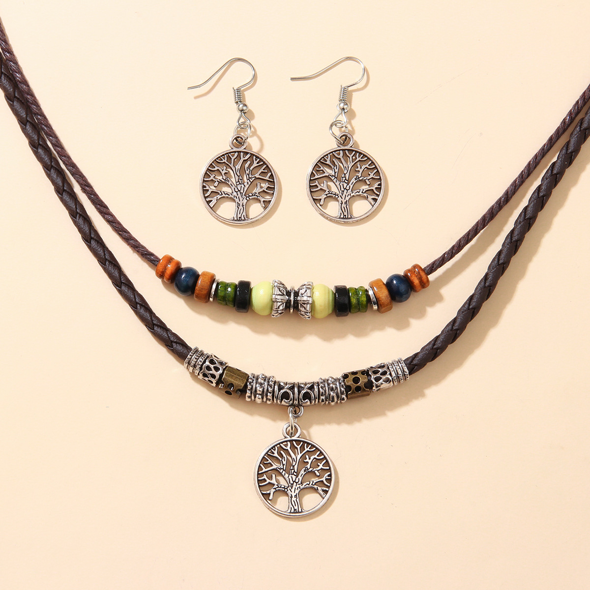 Five-leaf Clover Beaded Wax Rope Necklace Sweater Chain Earring Necklace Set
