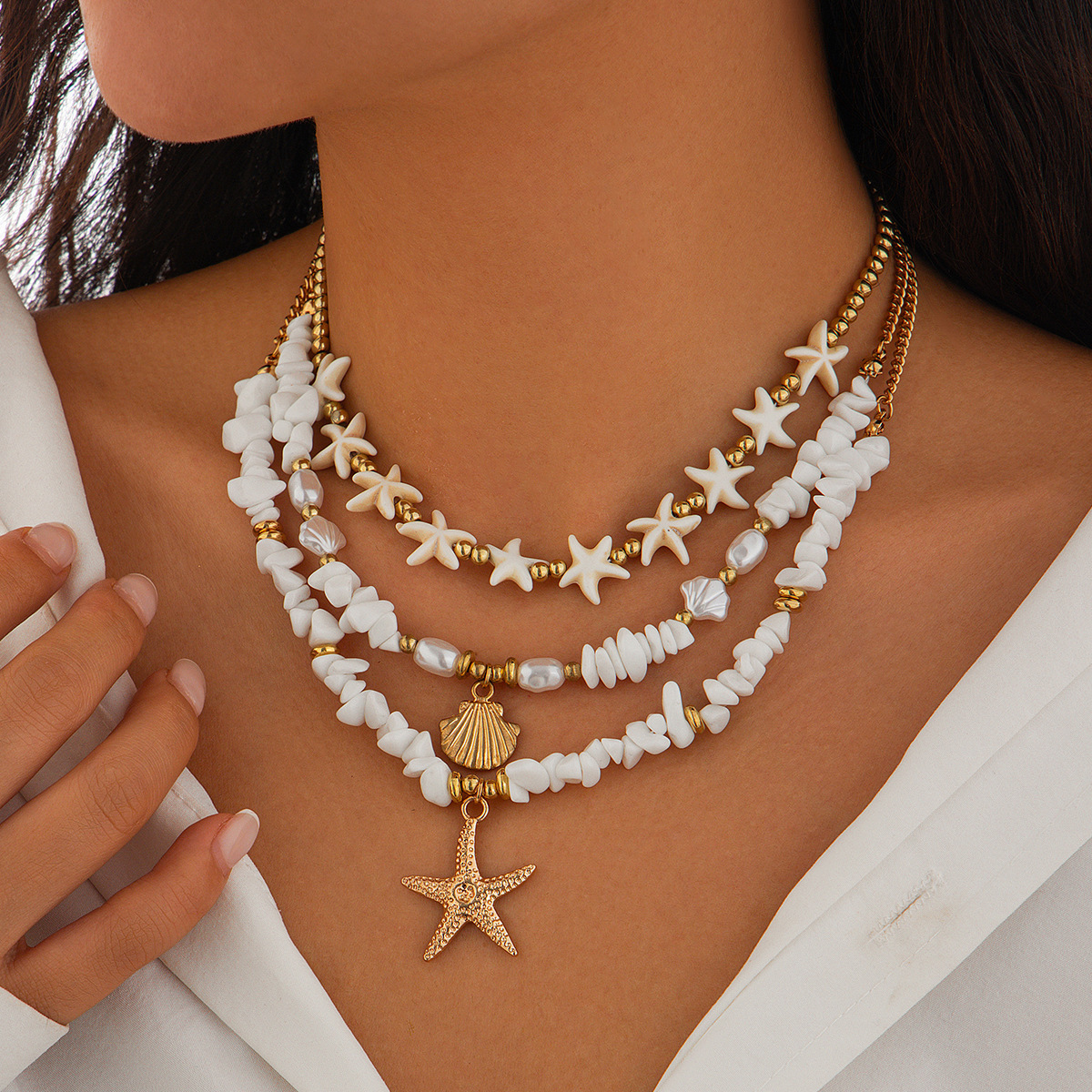 Cross Multi-Layer Pearl Necklace Shell Starfish Pendant Choker Layered Neck Chain Chain