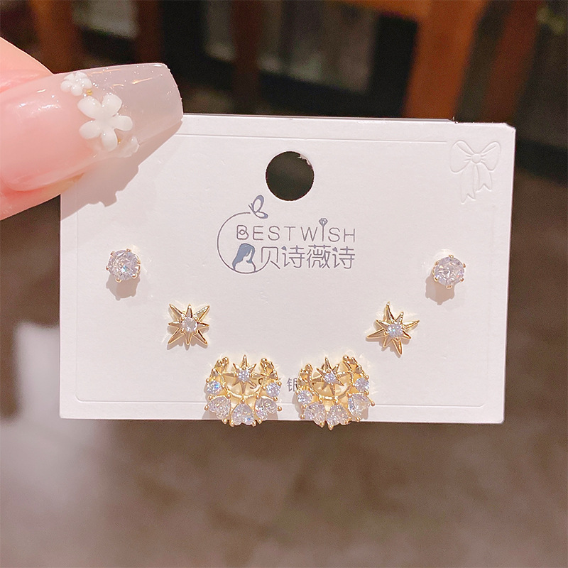 Wind real gold electroplated copper-set zircon 6 pieces three pairs of small earrings collection, earring accessories