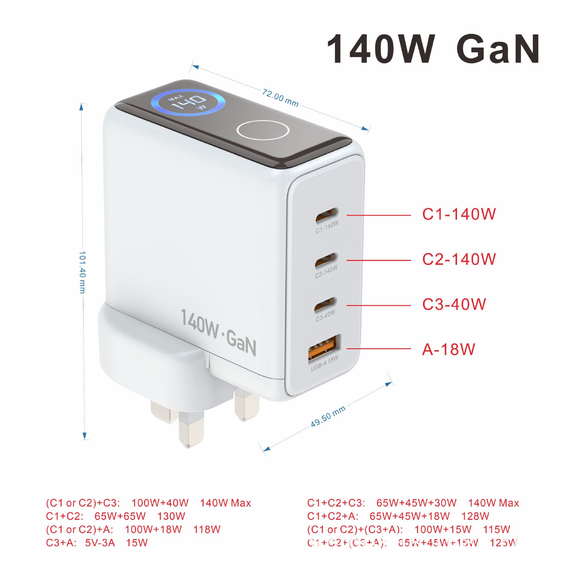Certified 140W GaN TFT Display Charger for Huawei Apple 17 Phone Tablet Laptop