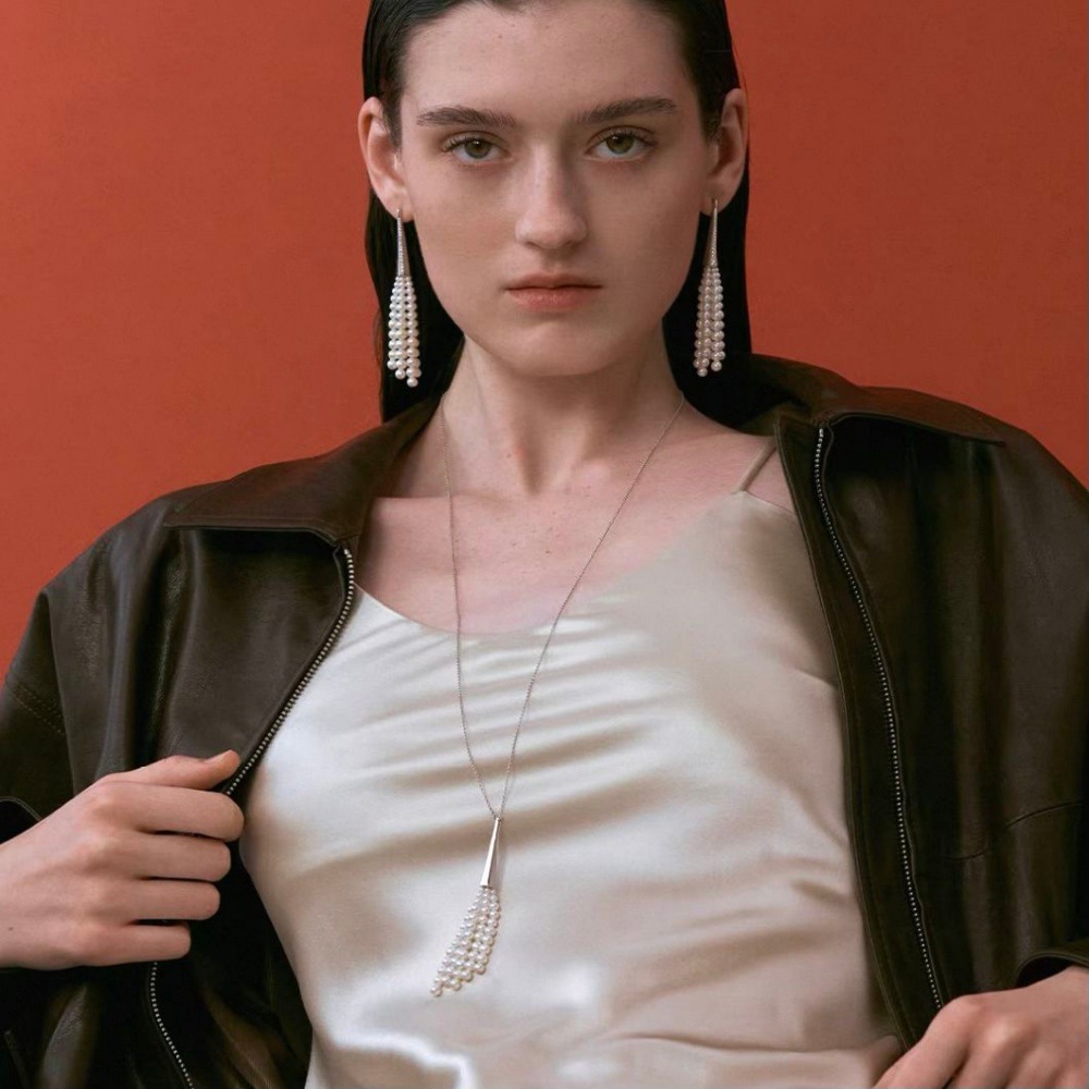Long broom pearl tassel necklace and earrings, spring and summer imitation Swarovski pearl zircon ear studs, sweater chain