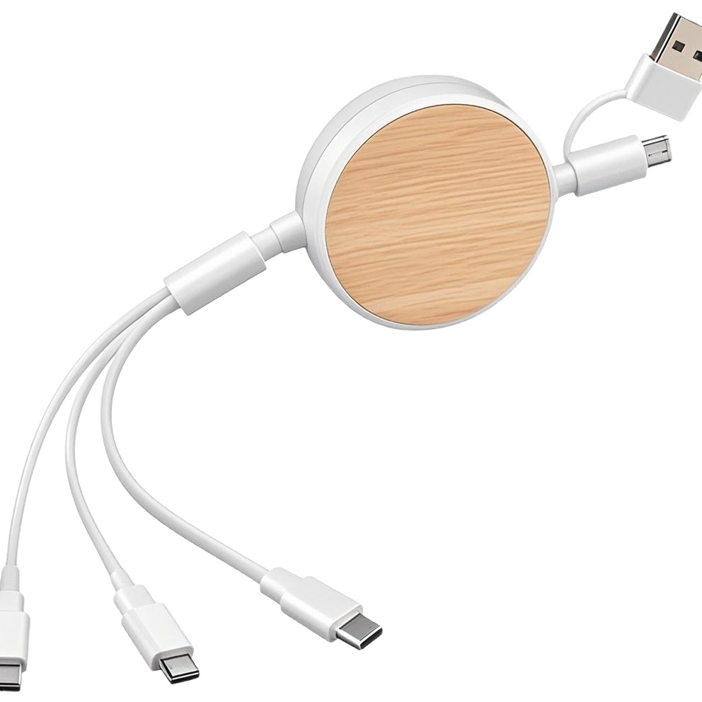 2-in-3 bamboo wood retractable cable multi-functional charging cable eco-friendly wheat straw GRS biodegradable USB cable