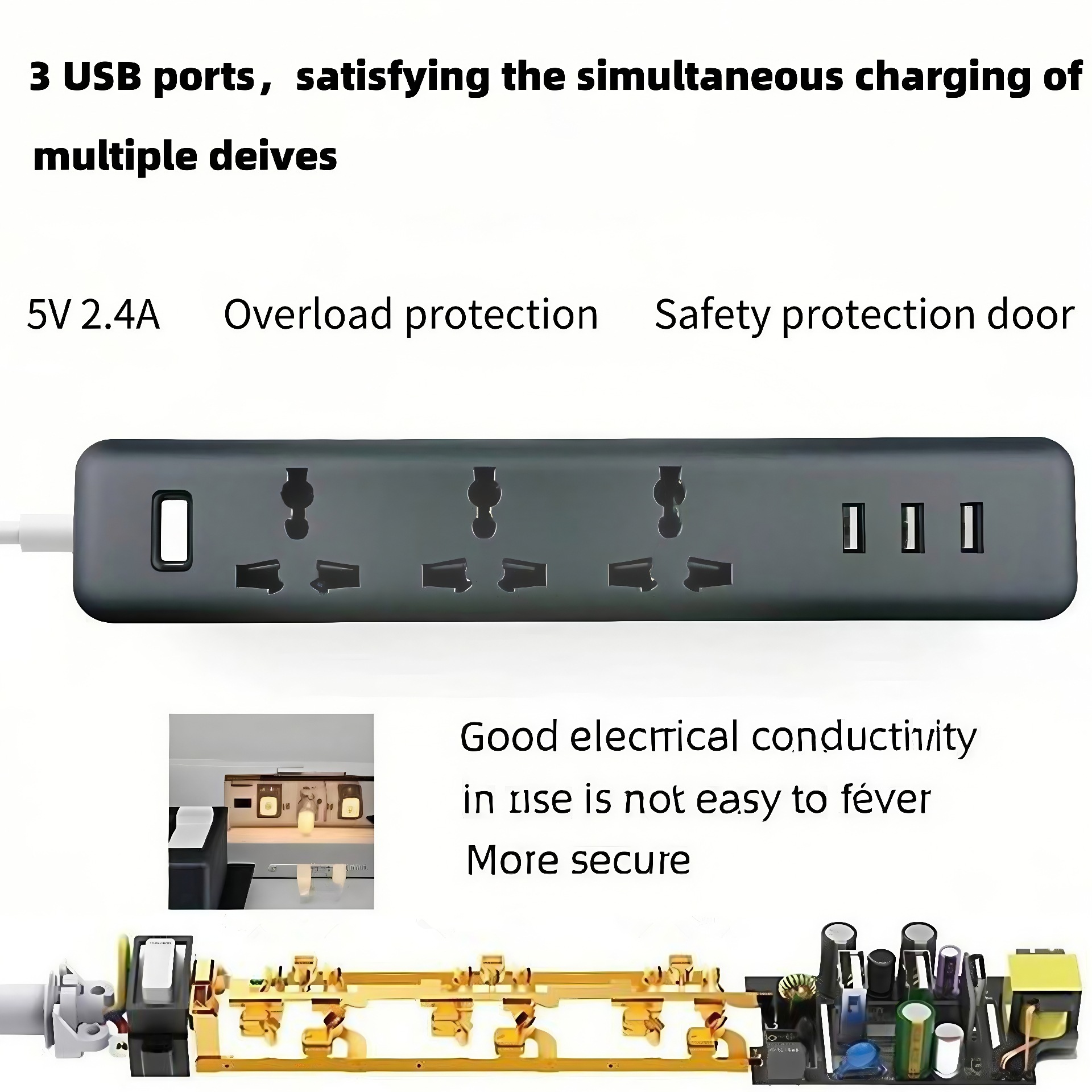 Black and white multi-port USB fast charging extension cord British standard European mobile phone plug charging power strip