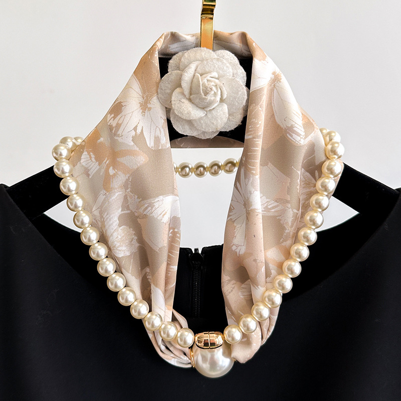 Magnetic buckle pearl necklace small long strip silk scarf women mother neck protection lazy matching shirt thin scarf