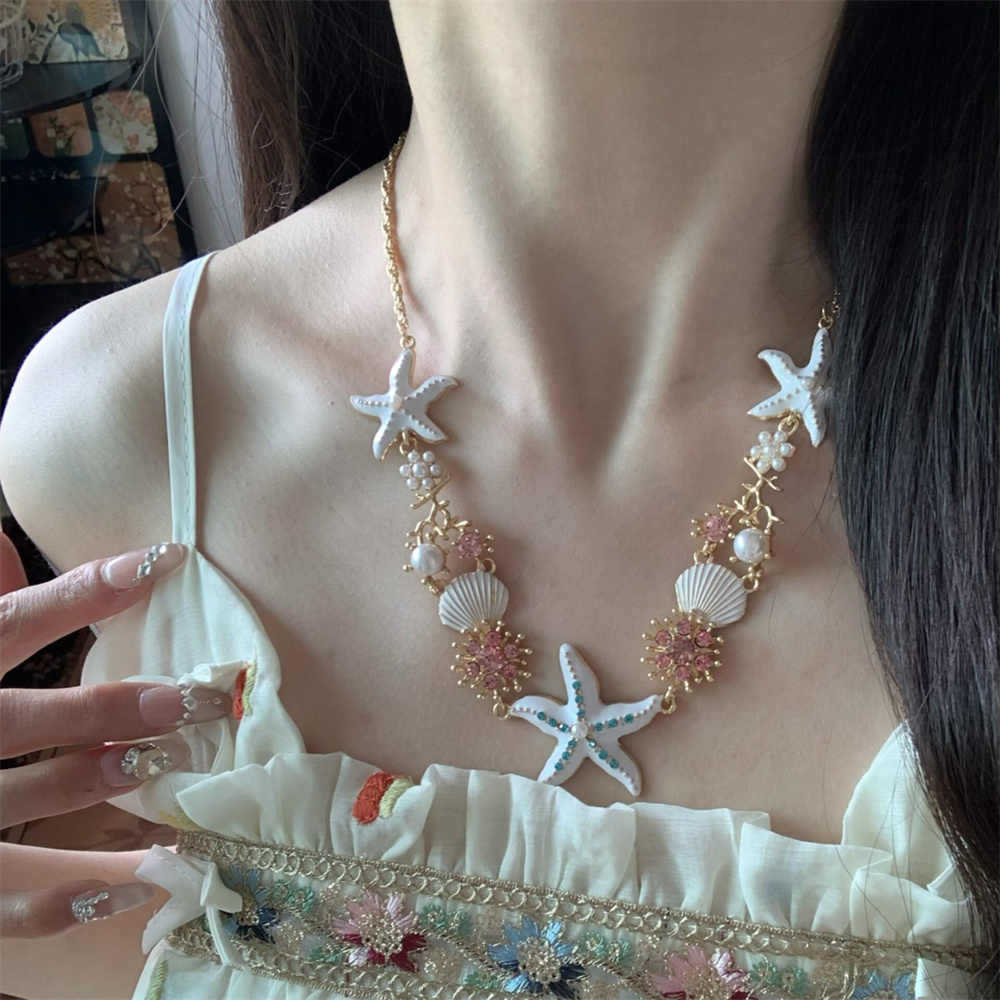 Hawaiian Style Starfish Shell Necklace Women Beach Vacation Style Neck Chain Photo Prop Accessories Collarbone Chain