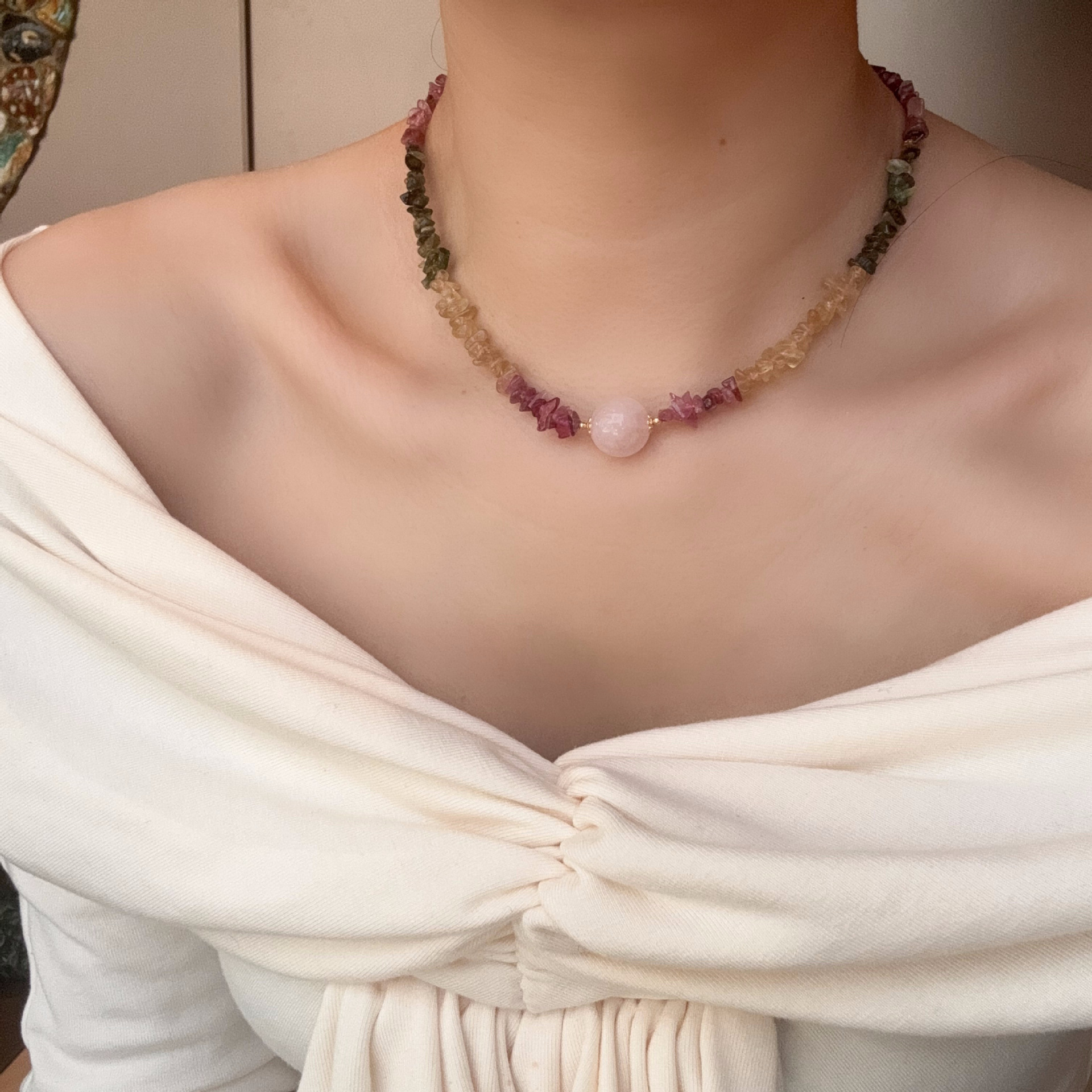 Yuanyou natural tourmaline colorful bead necklace women's spring summer dopamine collarbone chain simple