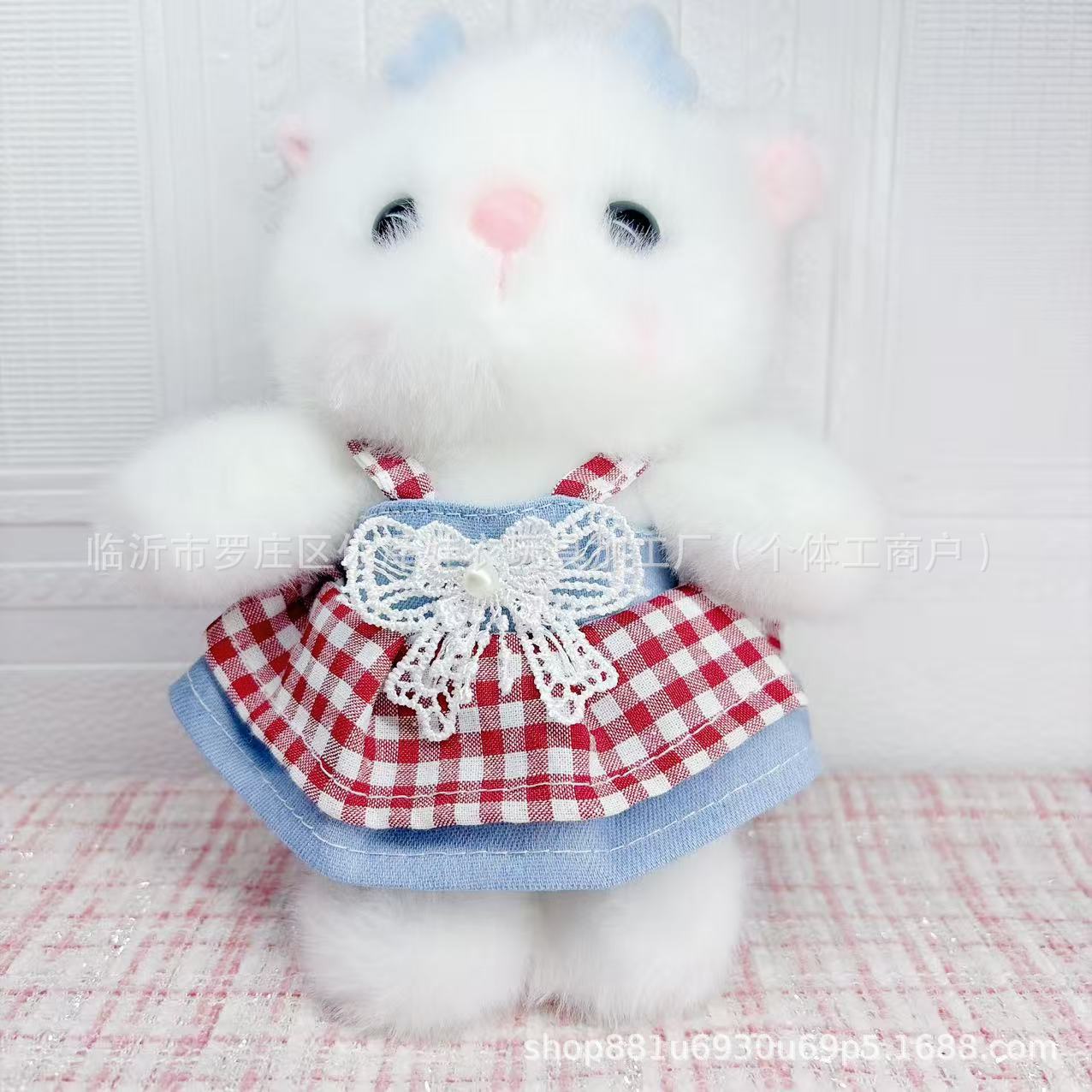 New 15CM Doll Clothes KT Plush Toy Plush Grid Bow Skirt Shirley Mei Gate Dog Labubu Lace Skirt