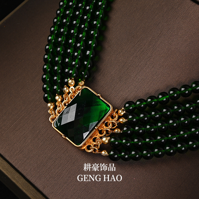Vintage exaggerated green crystal glass multi-layer stacking set necklace earring dress accessories choker