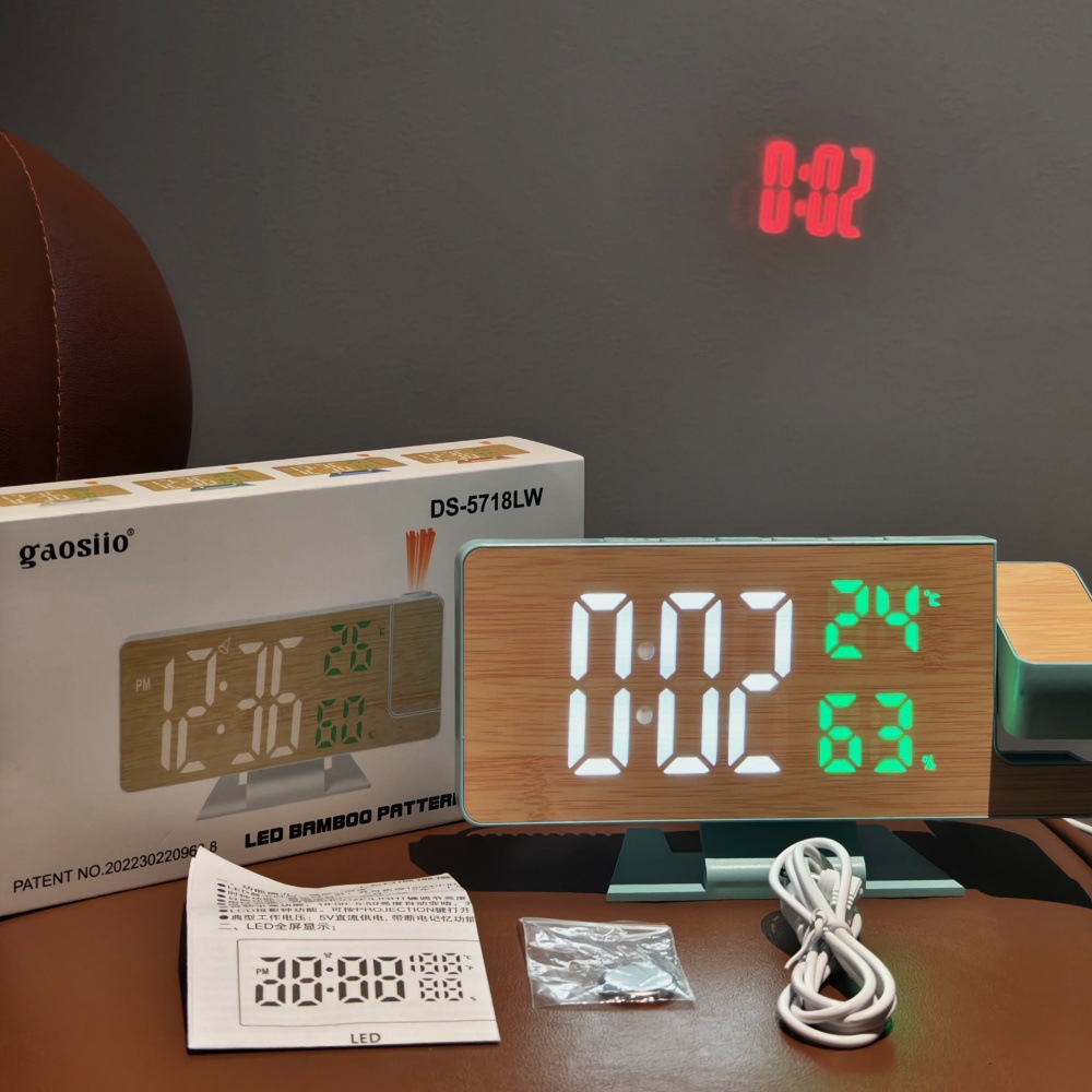 Modern Simple LED Large Screen Projection Clock Desktop Digital Alarm Clock ABS Shell Bamboo Surface Temperature and Humidity Display