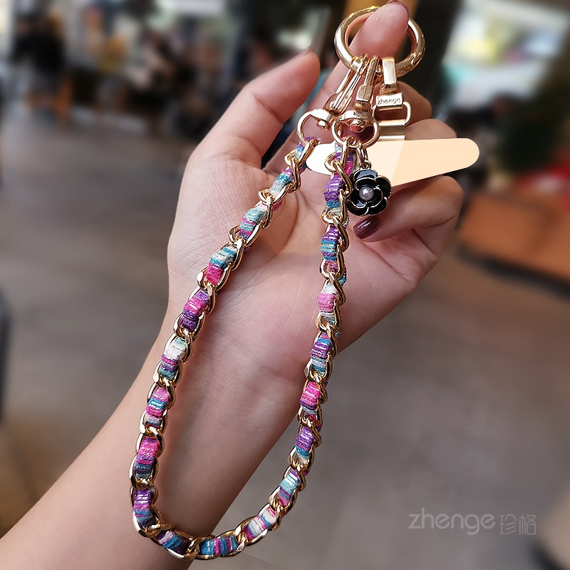 Mobile phone lanyard small fragrance camellia tag pendant phone chain wrist hanging decoration short metal chain