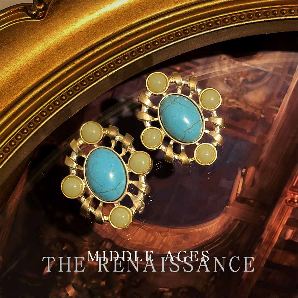 Vintage Retro Heavy Craft Colored Gem Zircon Earrings Exaggerated Western Style Ear Studs Court Style Ear Accessories
