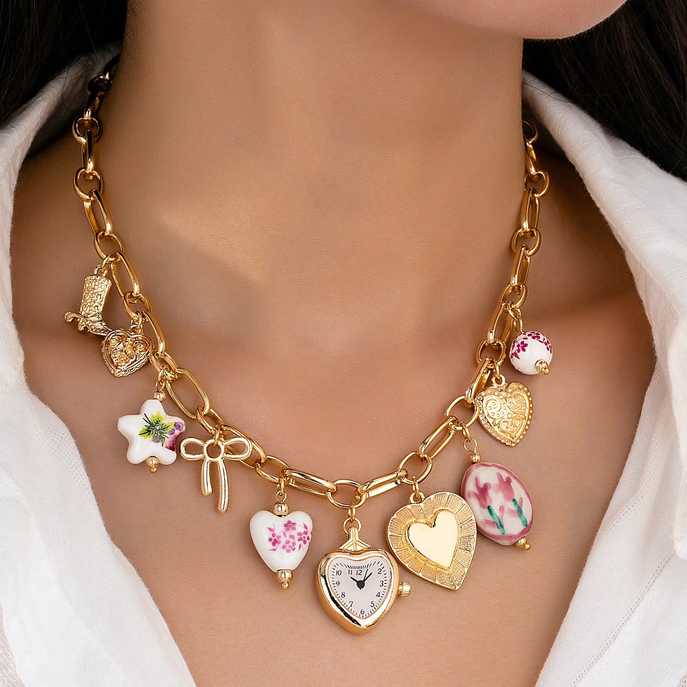 Qingdao Daiwei Accessories Clock Cherry Heart Pendant Necklace Summer Seaside Beach Cute Sweet Style Necklace