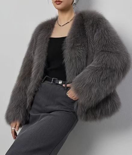 Fur V-neck artificial jacket short fox fur fluffy plush women's clothing eco-friendly fur