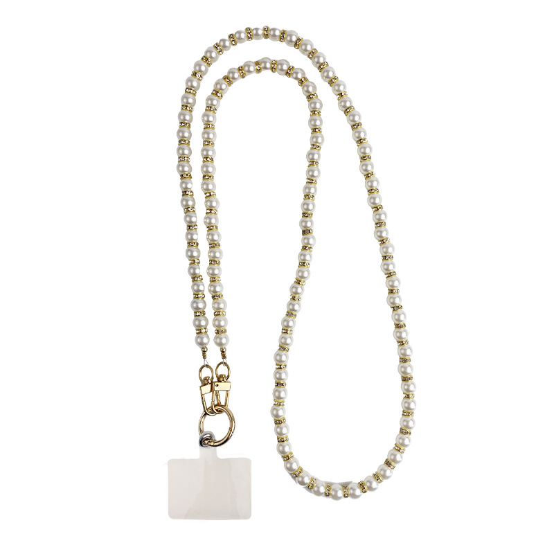 Mobile phone lanyard crossbody pearl bead chain card case rhinestone pendant women's handmade string beads