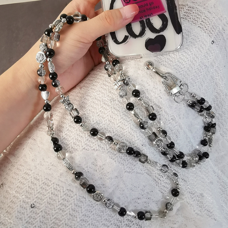 Mobile phone lanyard long crossbody black and white series pendant beaded flower phone case bag chain for women