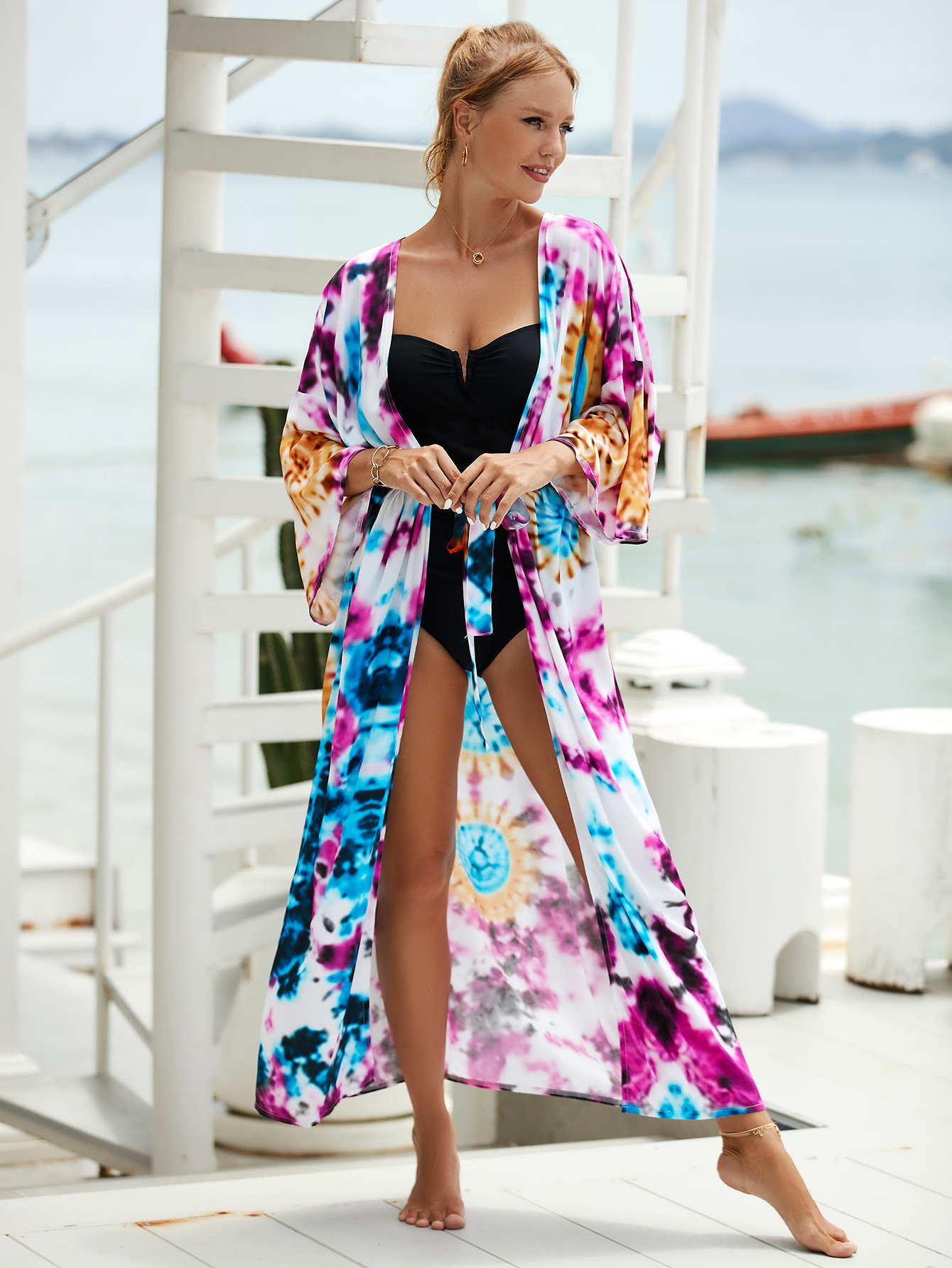 2023 New Rayon Printed Beach Jacket Sexy Sun Protection Cardigan Vacation Bikini Outer Cover Up Women