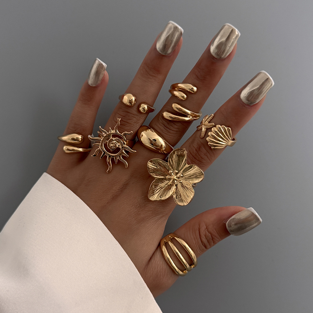 Jewelry vacation style starfish scallop open ring alloy flower ring set smooth surface